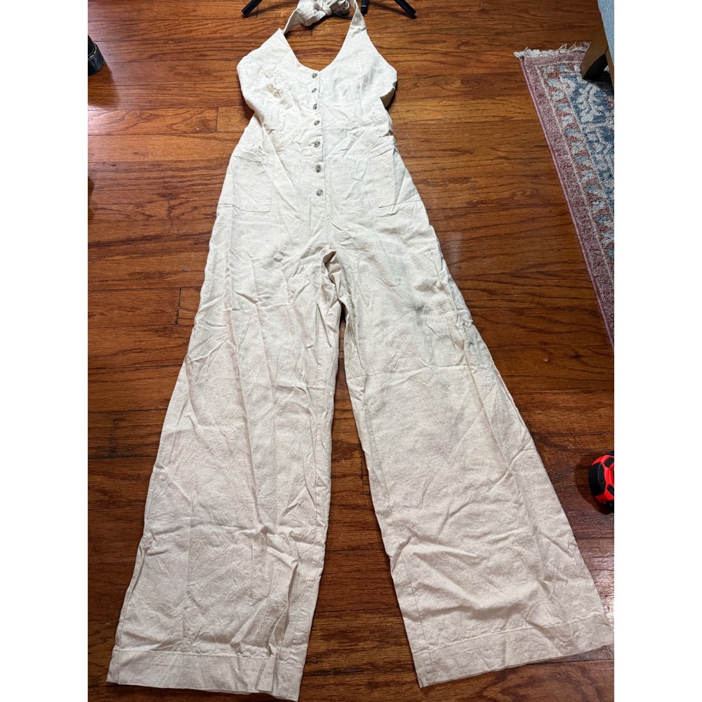 LASCANA Women Beige Linen Blend Halter Neck Wide Leg Button Front Jumpsuit